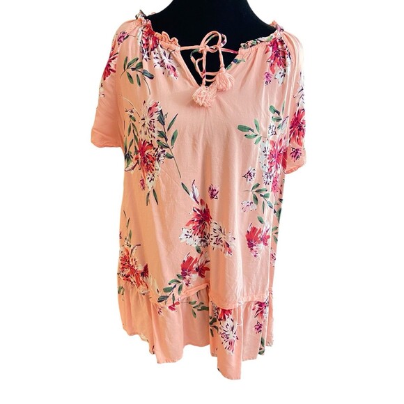 St. John's Bay Tops - St. John’s Bay Peach Floral Tunic Top XL Rayon Tassel Tie Neck Boho Style